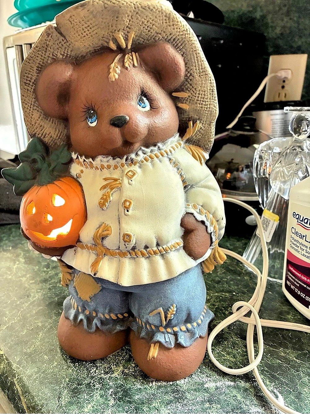 Scarecrow Cuddle Bear with Pumpkin Lighted Figurine Decor